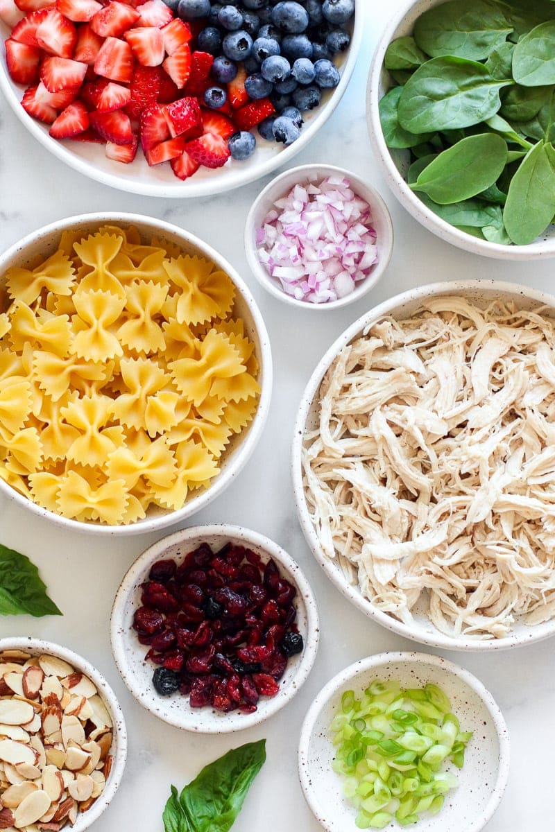 Ingredients for Summer Pasta Salad with Chicken and Berries.