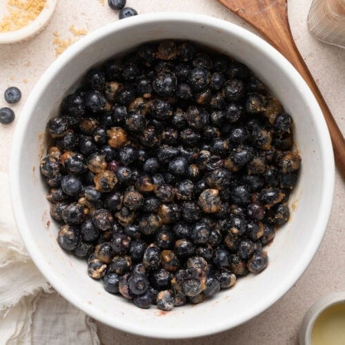 Overhead view of a bowl of blueberries