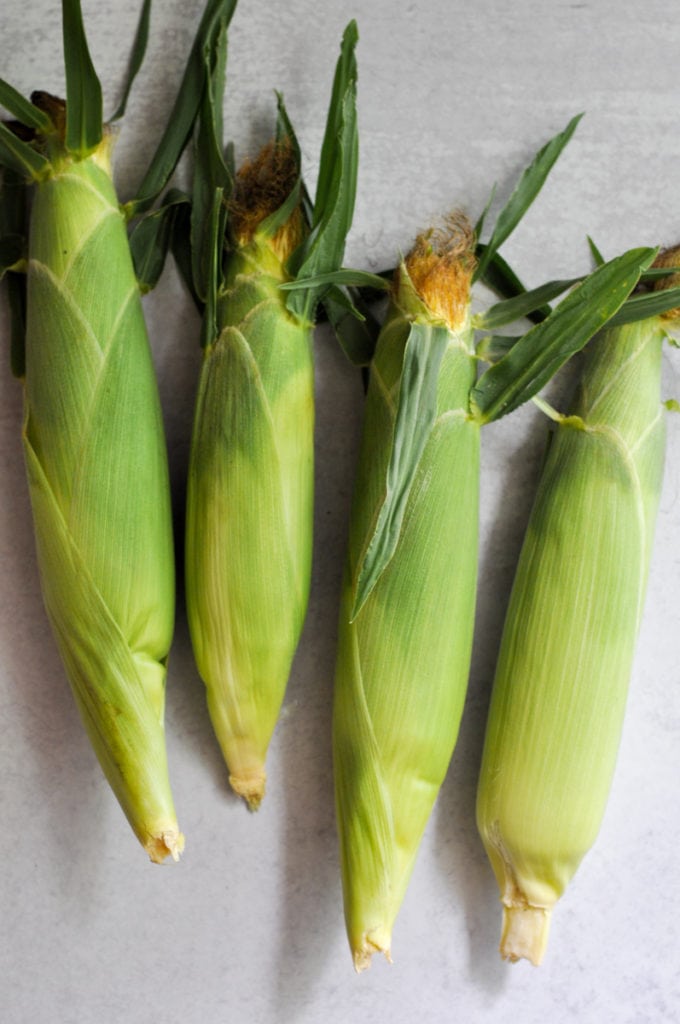 Four ears of corn still in the husk laying on the counter
