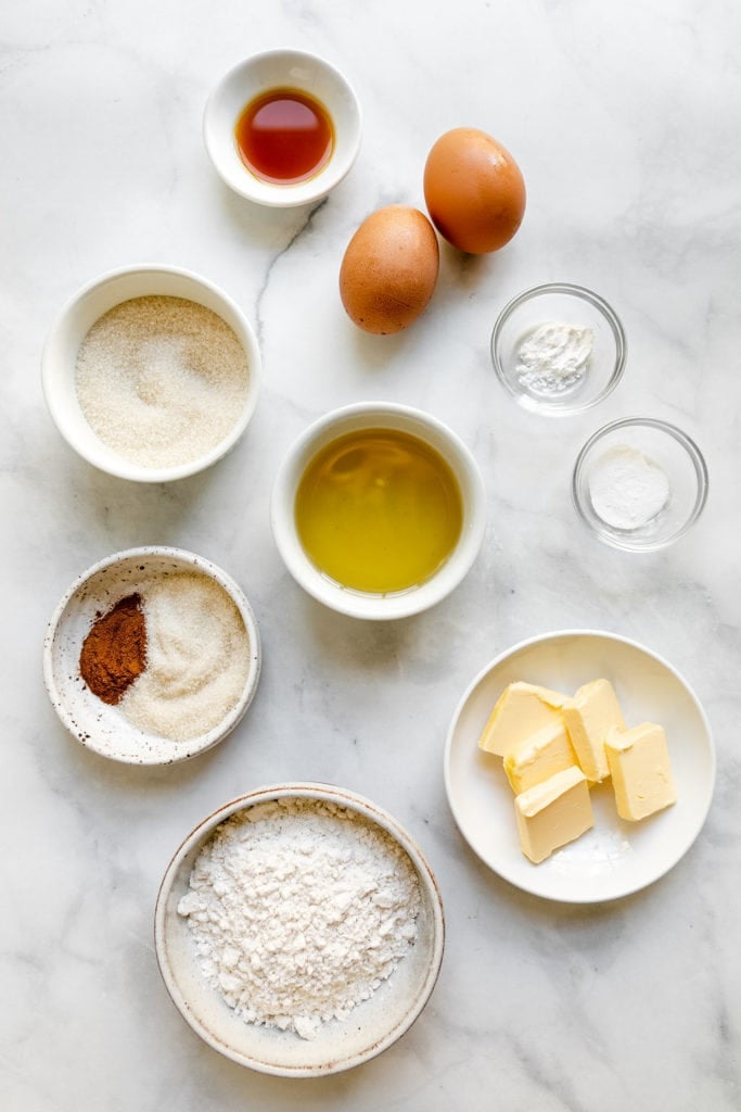 Overhead view of ingredients for Gluten-Free Donuts with Cinnamon and Sugar