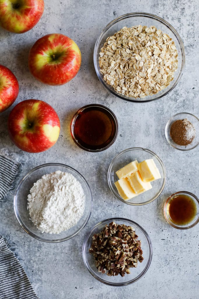 Overhead view of a variety of ingredients for Easy Baked Apples with Crumb Topping