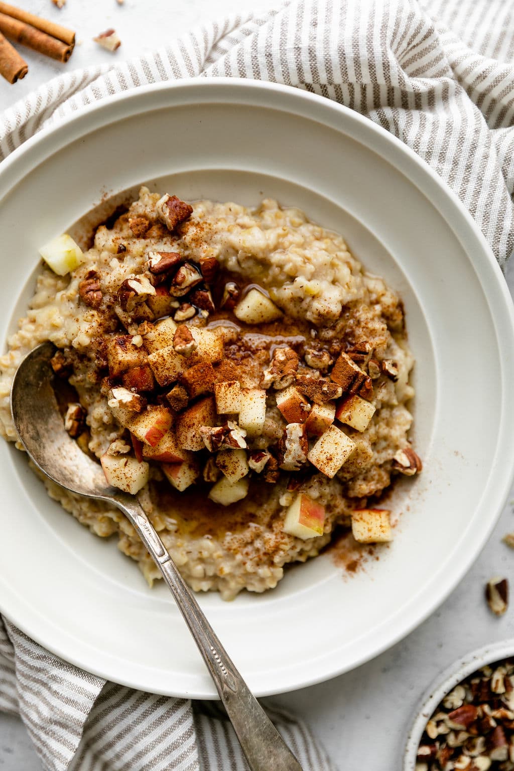 Close up bowl of Instant Pot Apple Cinnamon Oatmeal topped with cinnamon. 