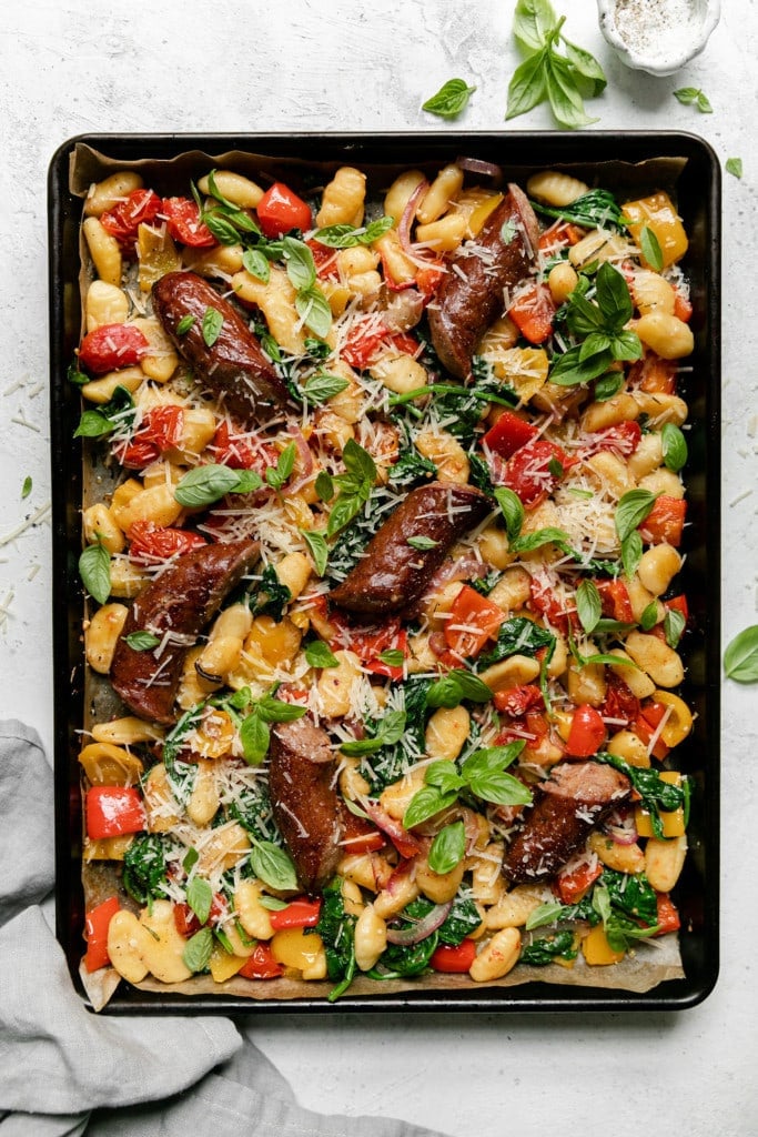 Overhead view of Sheet Pan Gnocchi with Kielbasa and Vegetables