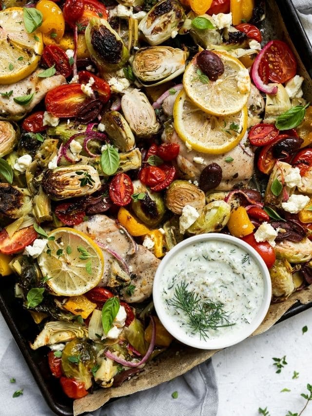 Sheet Pan Greek Chicken and Veggies with Tzatziki Sauce