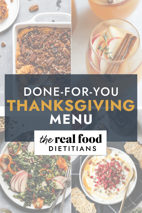Collage of Thanksgiving recipes, kale salad, whipped goat cheese, sweet potato casserole and apple sangria with text overlay.