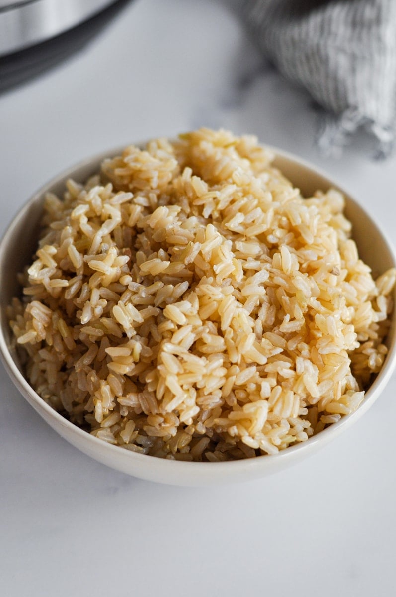 Overhead view of Instant Pot Brown Rice in a bowl. 