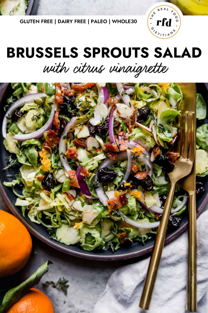 A photo of Brussels Sprouts Salad with Citrus Vinaigrette with text overlay