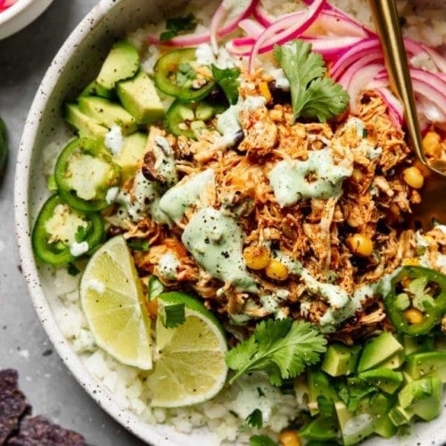 Overhead view of Instant Pot Salsa Chicken
