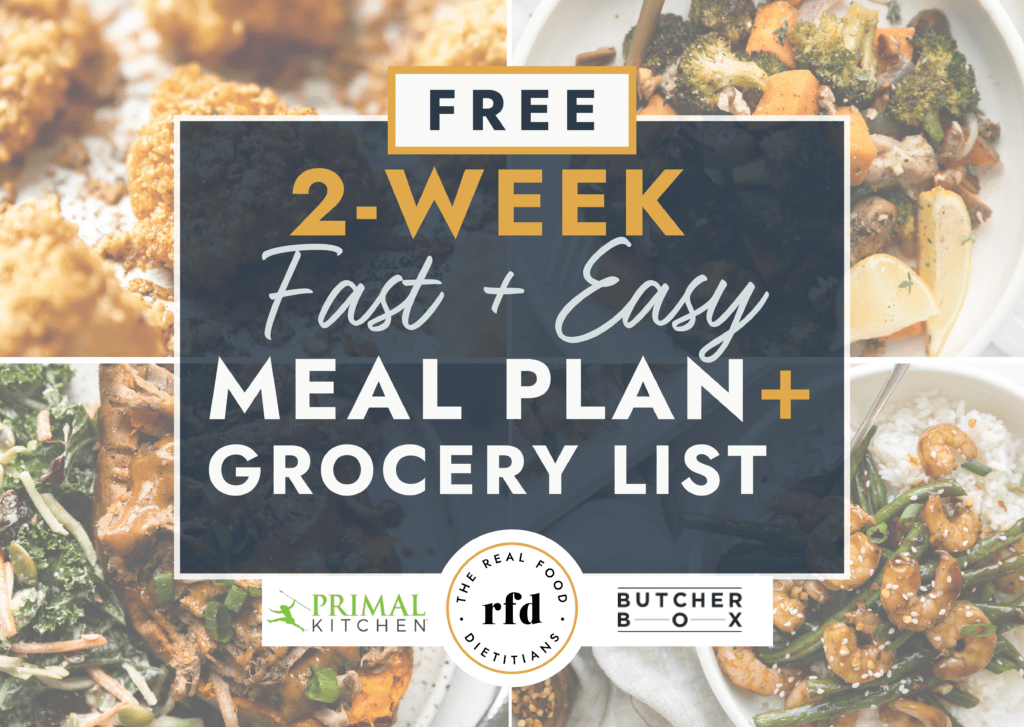 Collage of healthy recipes for a 2-week fast and easy meal plan and grocery list.