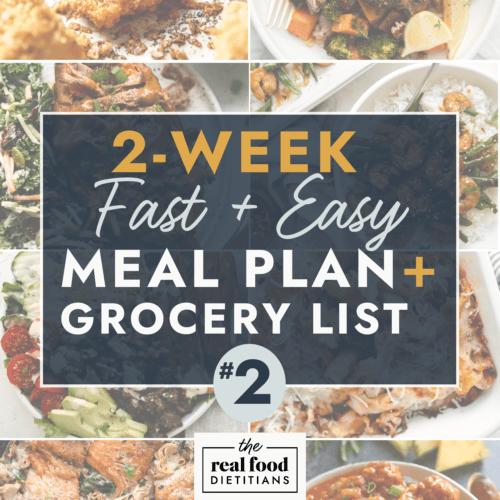 Collage of dinner recipes with text overlay for a 2-Week Fast and Easy Meal Plan.