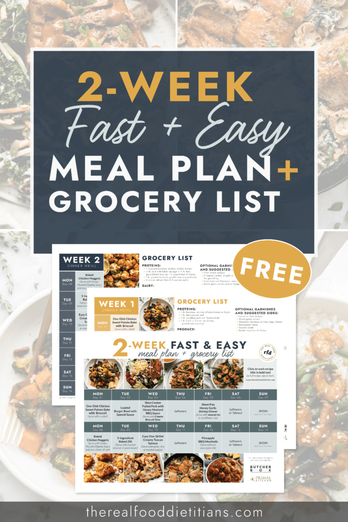 Collage of healthy meals, meal plan calendars, printable grocery lists and workout plan for a 2-Week Meal Plan and Grocery List.