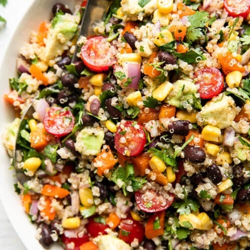 Tex mex chili quinoa salad with black beans in large serving bowl