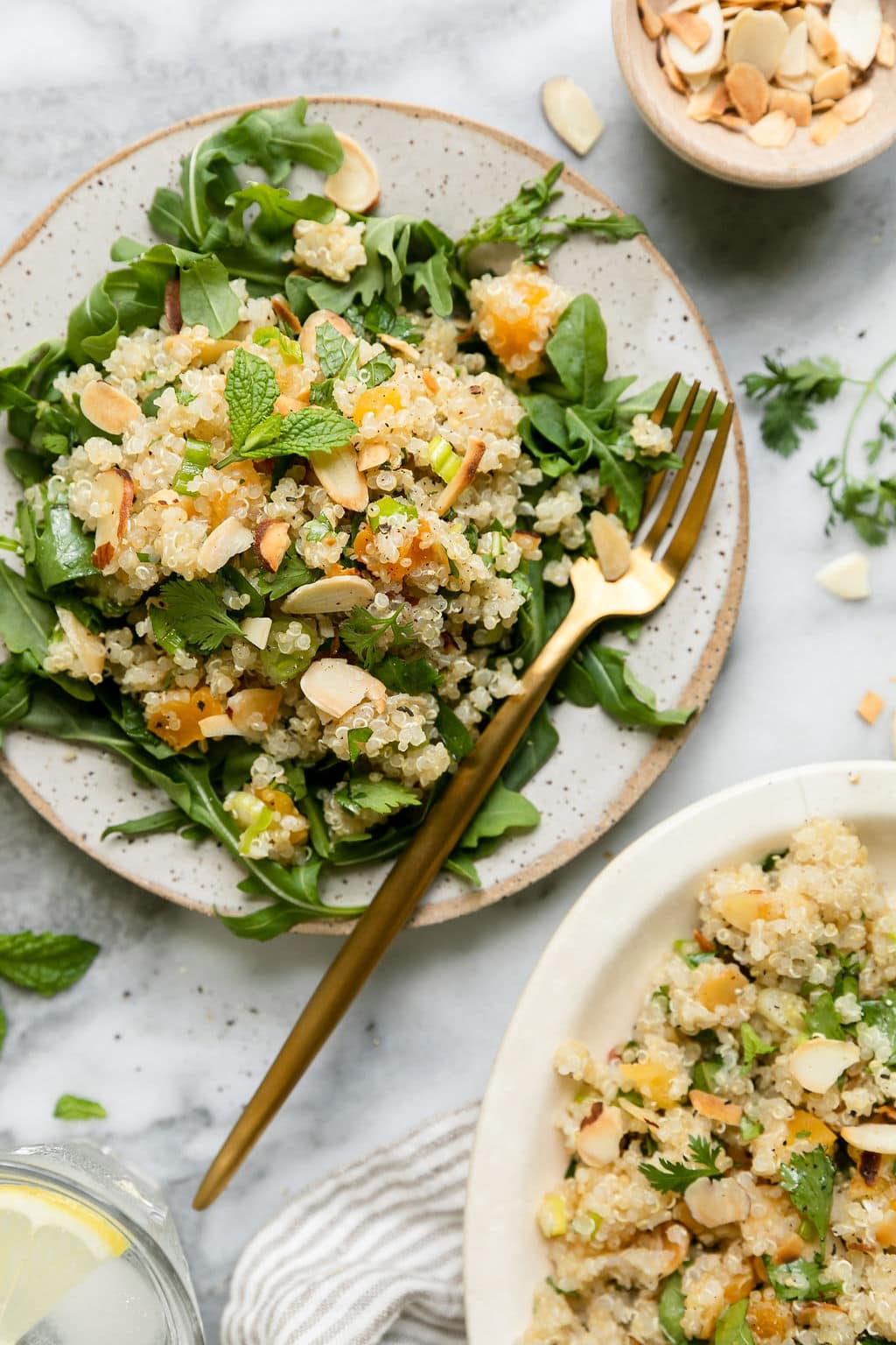 Plate full of herbed quinoa pilaf with apricots and almonds served over arugula.