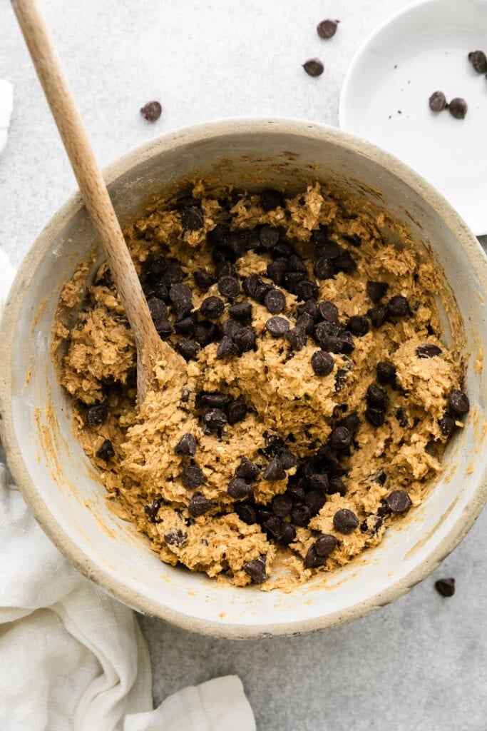 Overhead view of Oatmeal Pumpkin Chocolate Chip Cookie dough in a bowl