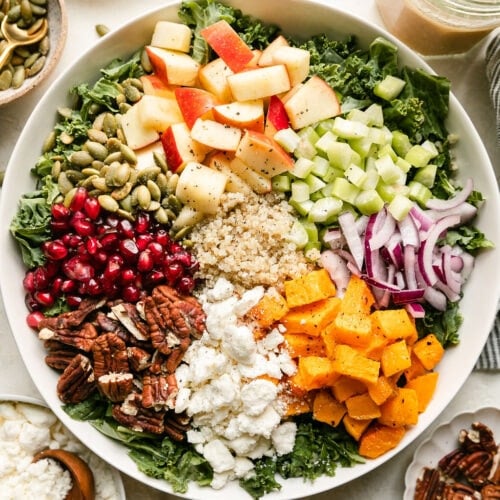 Overhead view of a bowl filled with a variety of colorful salad ingredients including apples and cubed squash.