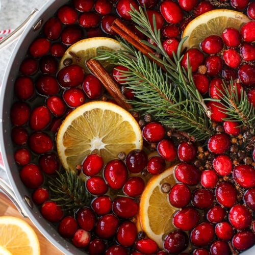 Overhead view large pot filled with water, fresh cranberries, orange slices, evergreen sprig and spices for holiday potpourri.
