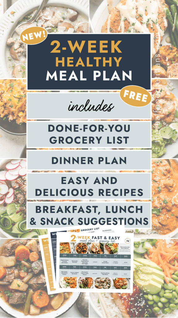 Graphic for 2-Week healthy meal plan and grocery list.