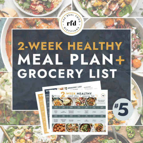 Collage of healthy meals with text overlay for 2-week healthy meal plan and grocery list.