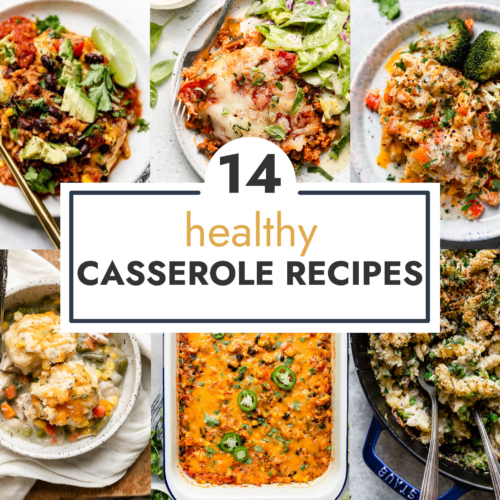 Collage of casserole recipes with text overlay.