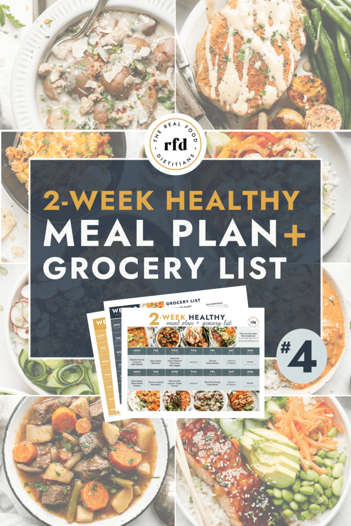 Collage of a 2-Week Healthy Meal Plan #4 with Grocery List with text overlay
