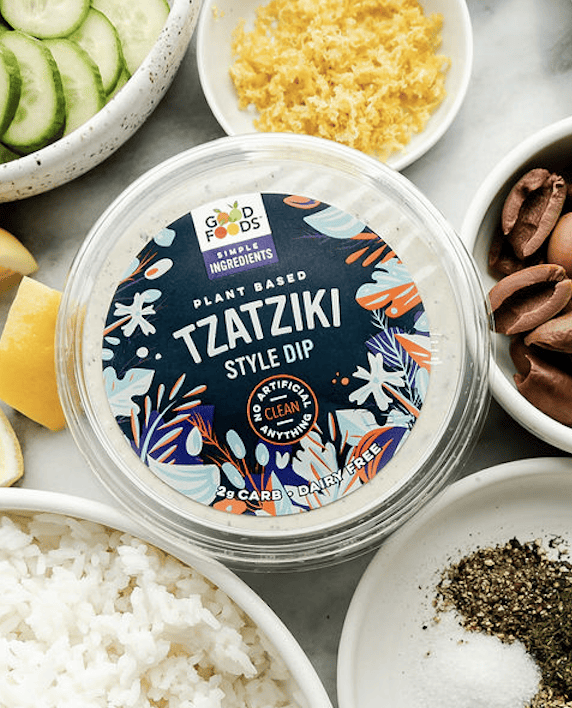 Overhead view of a container of Tzatziki sauce