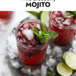 Blueberry mojito cocktail in tall glass cups served on silver tray.