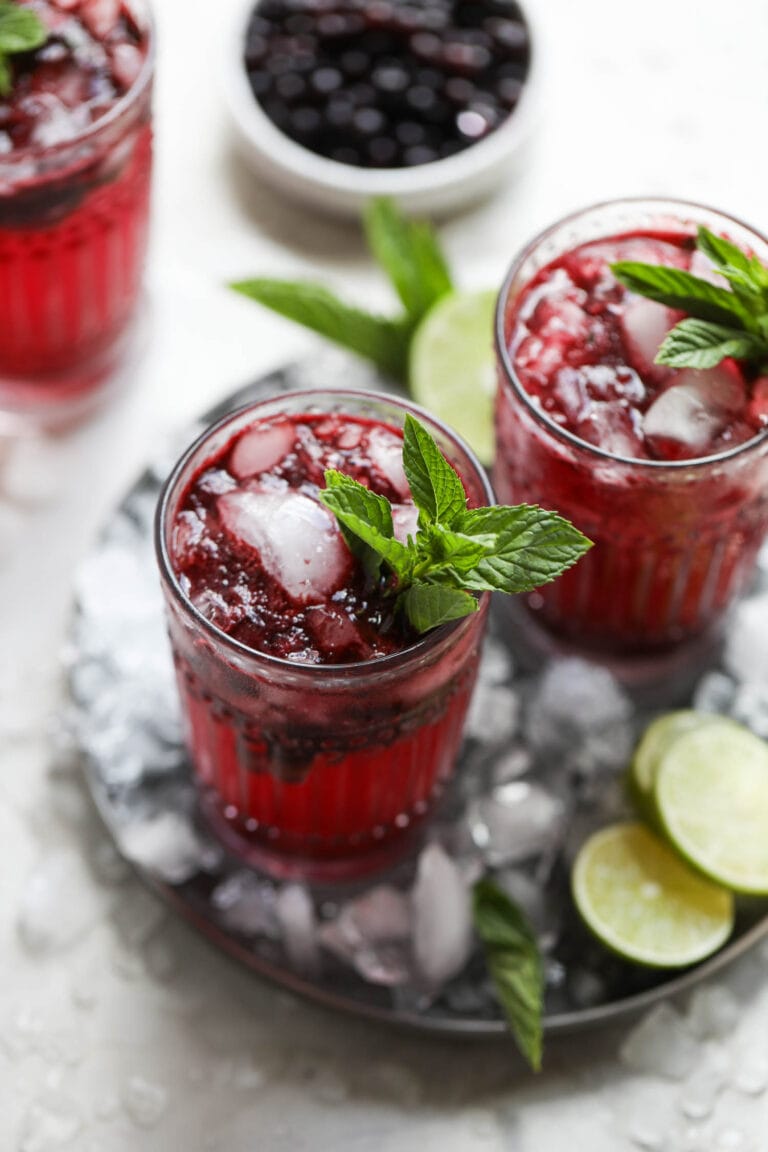 Overhead view of a wild blueberry mojitos in glasses garnished with fresh mint leaves.