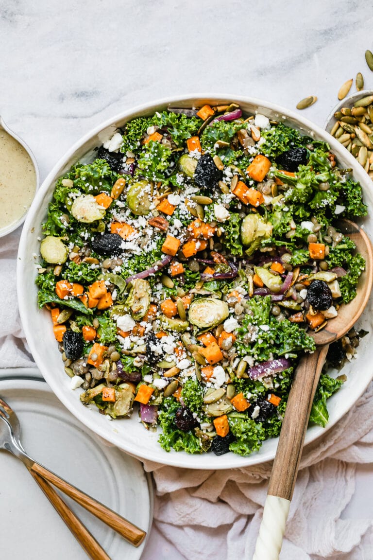 Overhead view of a bowl of lentil salad topped with layers of sweet potatoes, pumpkin seeds, pecan pieces, brussels sprouts, dried cranberries, and feta cheese.