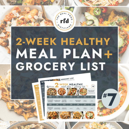 Collage of healthy recipes with text overlay for 2 week meal plan with grocery lists