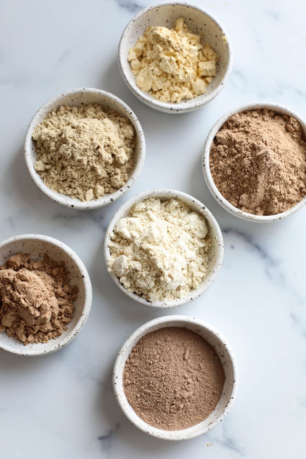 6 shallow white bowls filled with different protein powders. 