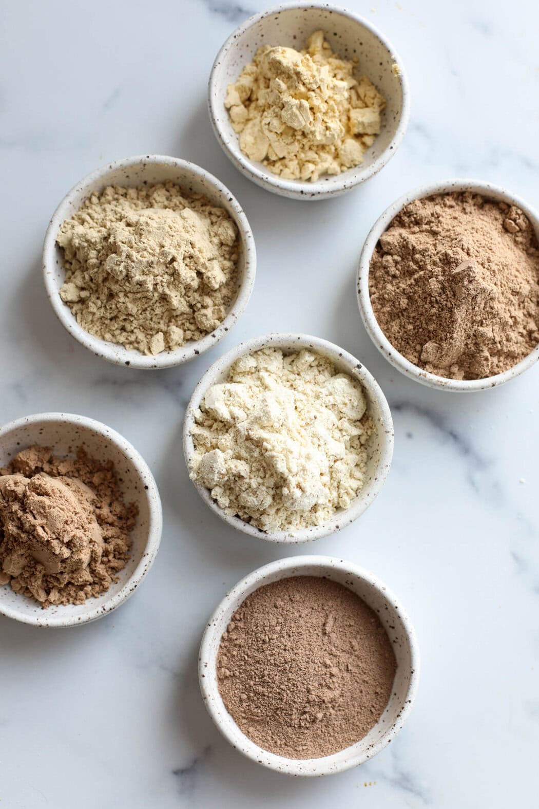 Overhead view of 6 small pottery bowls filled with various protein powders (chocolate and vanilla flavors)