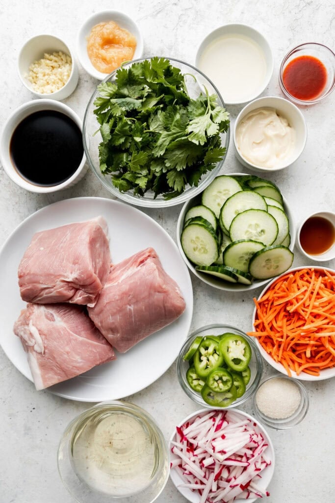 Overhead view of a variety of ingredients in bowls for The Best Slow Cooker Banh Mi Rice Bowls.