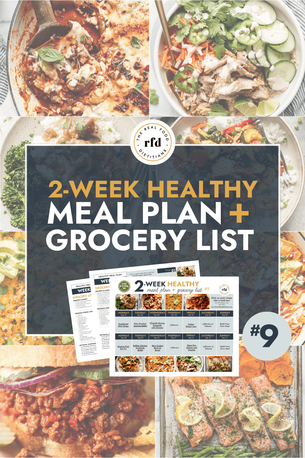 Collage of healthy meal plan recipes with text overlay