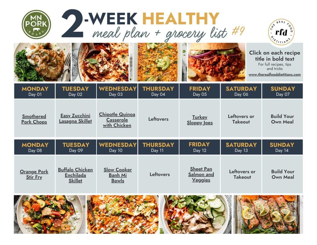 2 Week calendar view of a healthy meal plan complete with recipes scheduled and photos of each meal