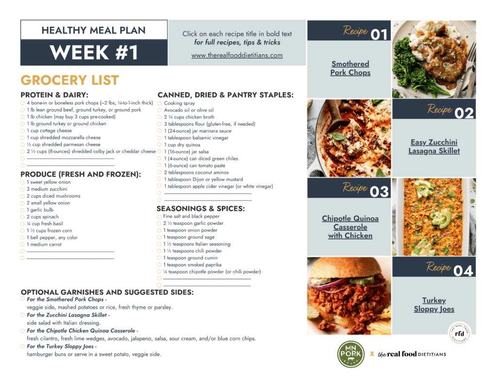 Week calendar view of a healthy meal plan complete with recipes scheduled and photos of each meal