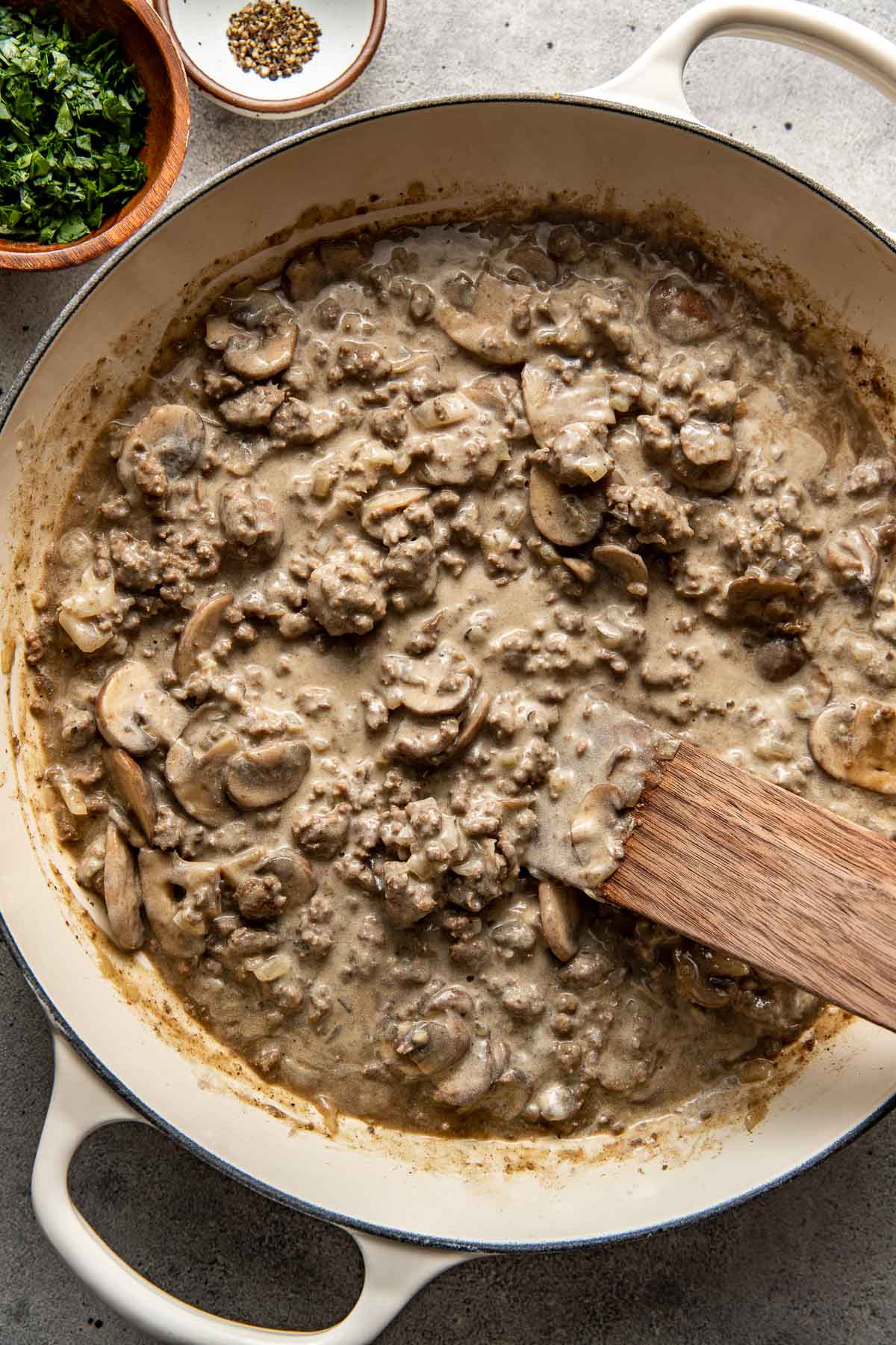 Overhead view of a freshly cooked pan of ground beef stroganoff ready for noodles to be added. 