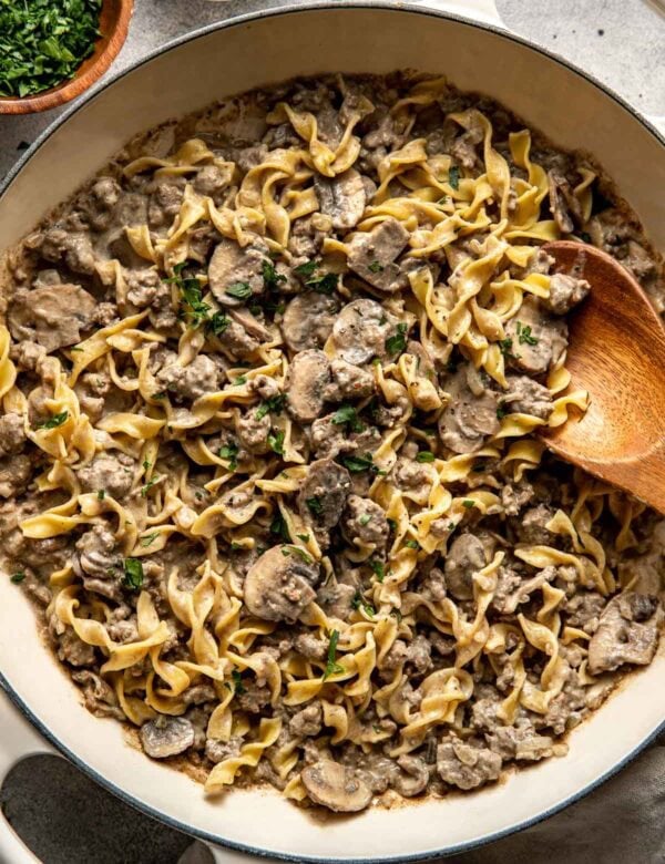 Overhead view skillet filled with ground beef stroganoff