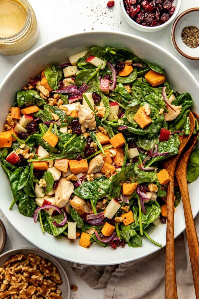 Close up view of a bowl of Harvest Chicken Salad With Maple Dijon Dressing