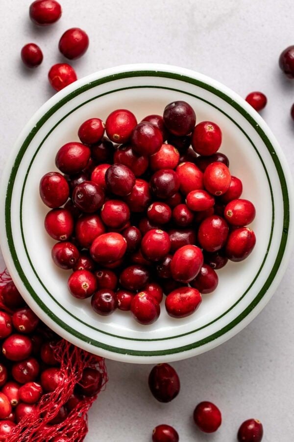 A bowl of fresh cranberries