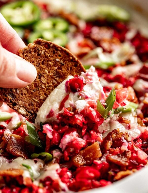 A thick cracker scooping up whipped cottage cheese dip with fresh cranberry pieces