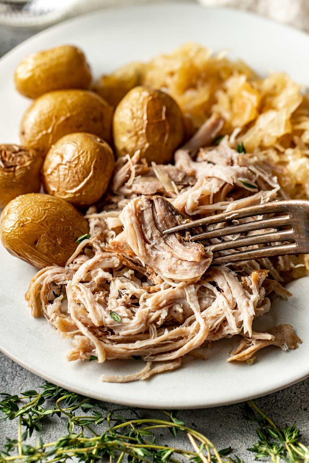 Close up view of a plate of freshly cooked Pork and Sauerkraut with a side of roasted baby potatoes. 