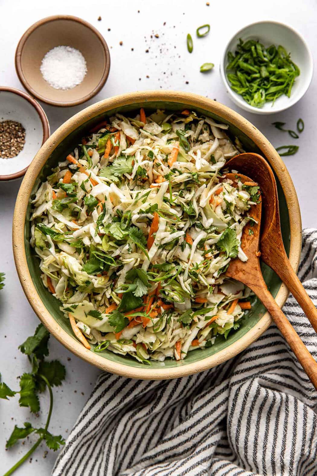 Overhead view of a bowl of Cilantro Lime Slaw with green onions, salt, and pepper on the sides. 