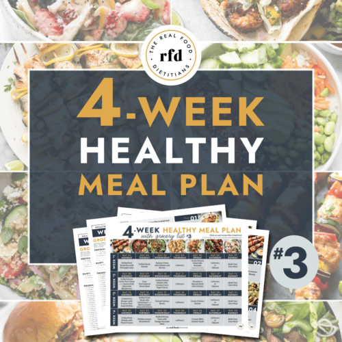 Text overlay for a 4-week meal plan with several summer themed meals surrounding the words.