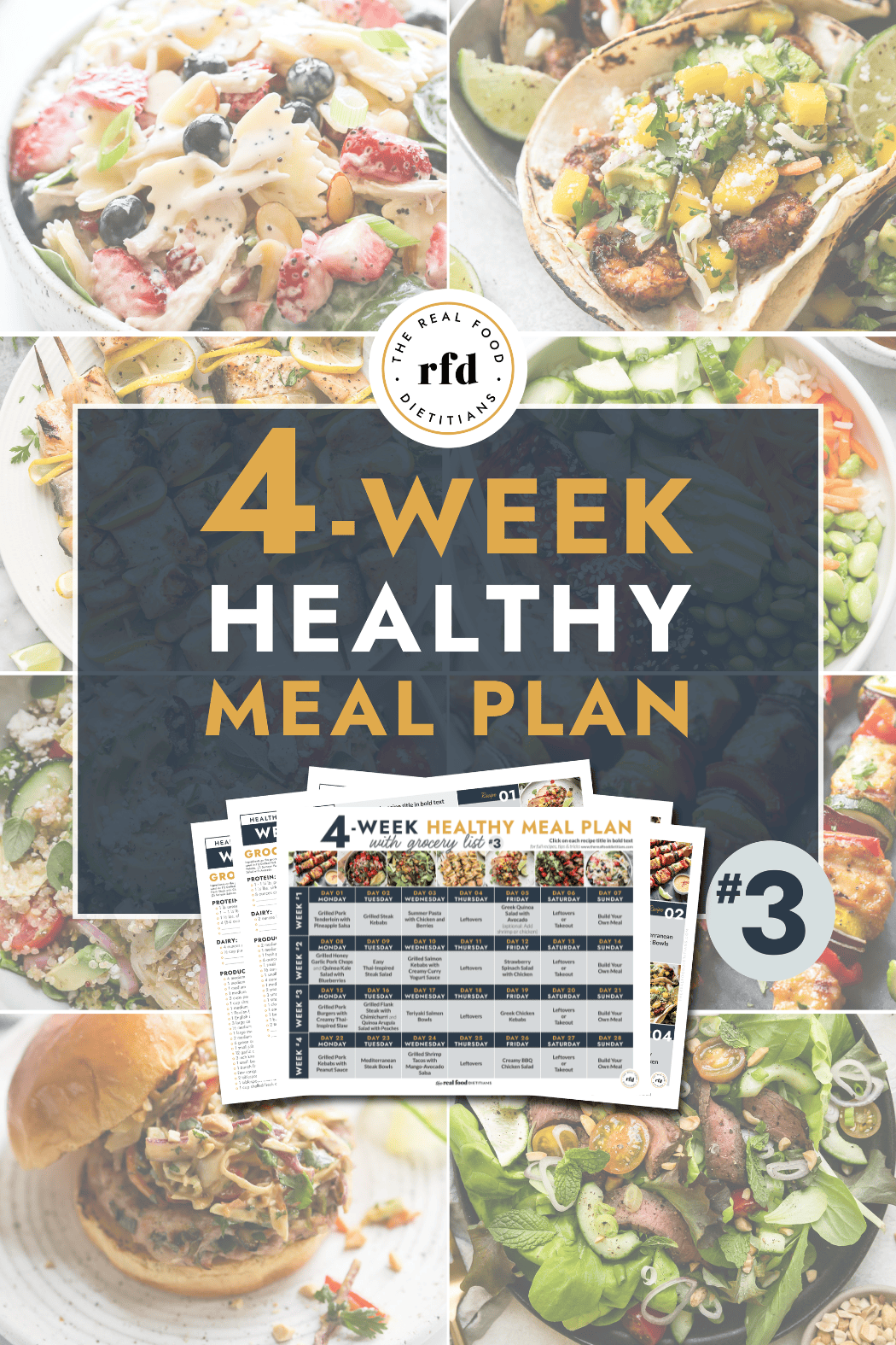 Text overlay for a 4-week meal plan surrounded by summer themed recipes. 
