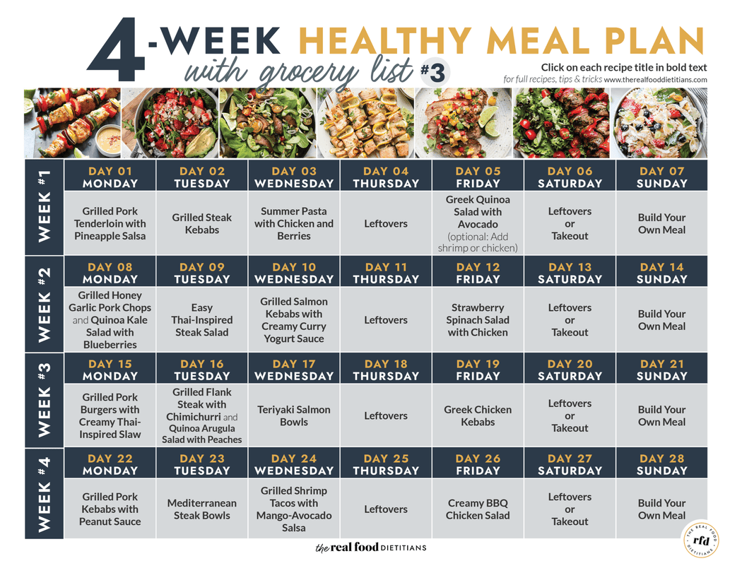 A calendar view of a 4-week summer healthy meal plan. 