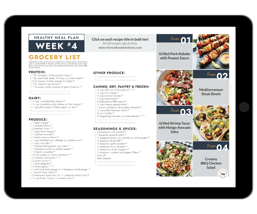 A grocery list for week 4 of a 4-week meal plan including recipe photos. 