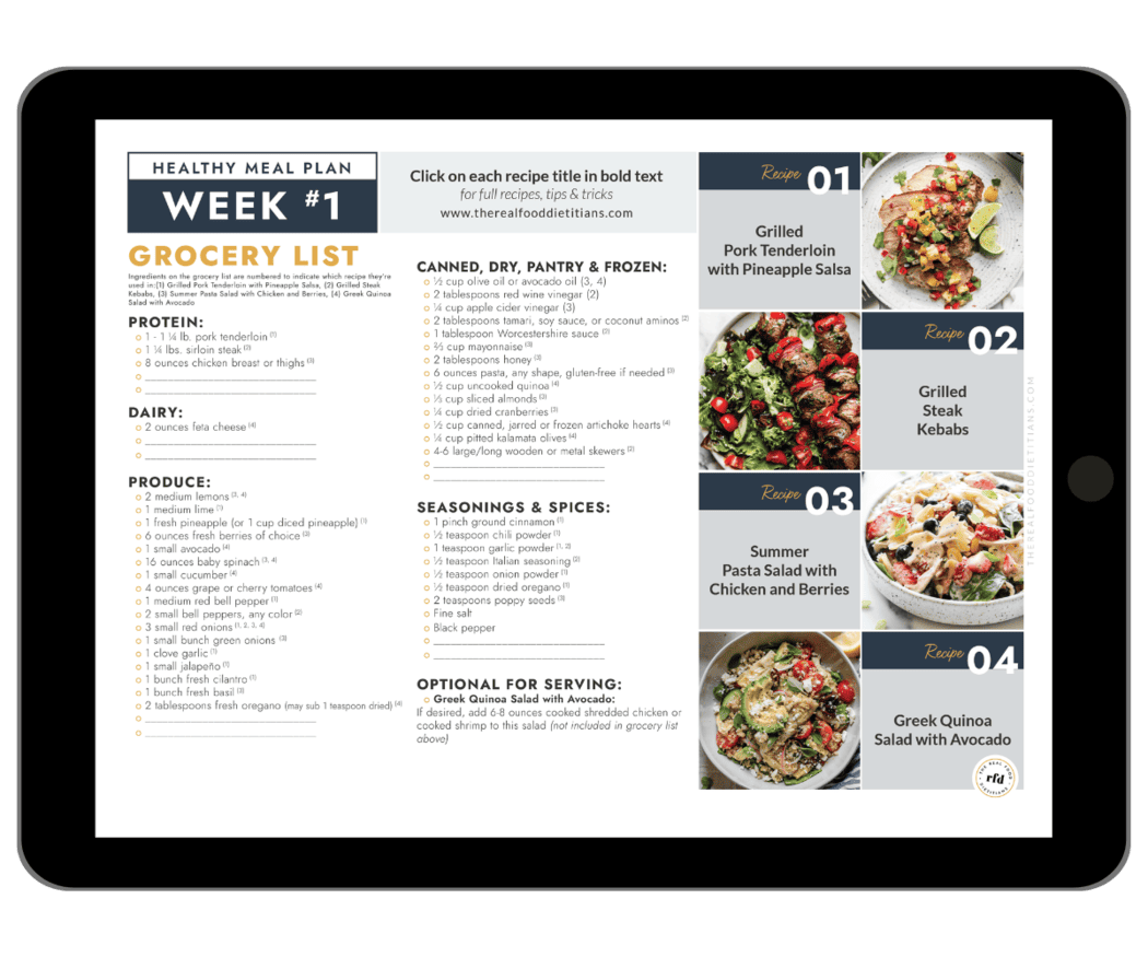 A grocery list including recipe photos for week one of a 4-week meal plan. 
