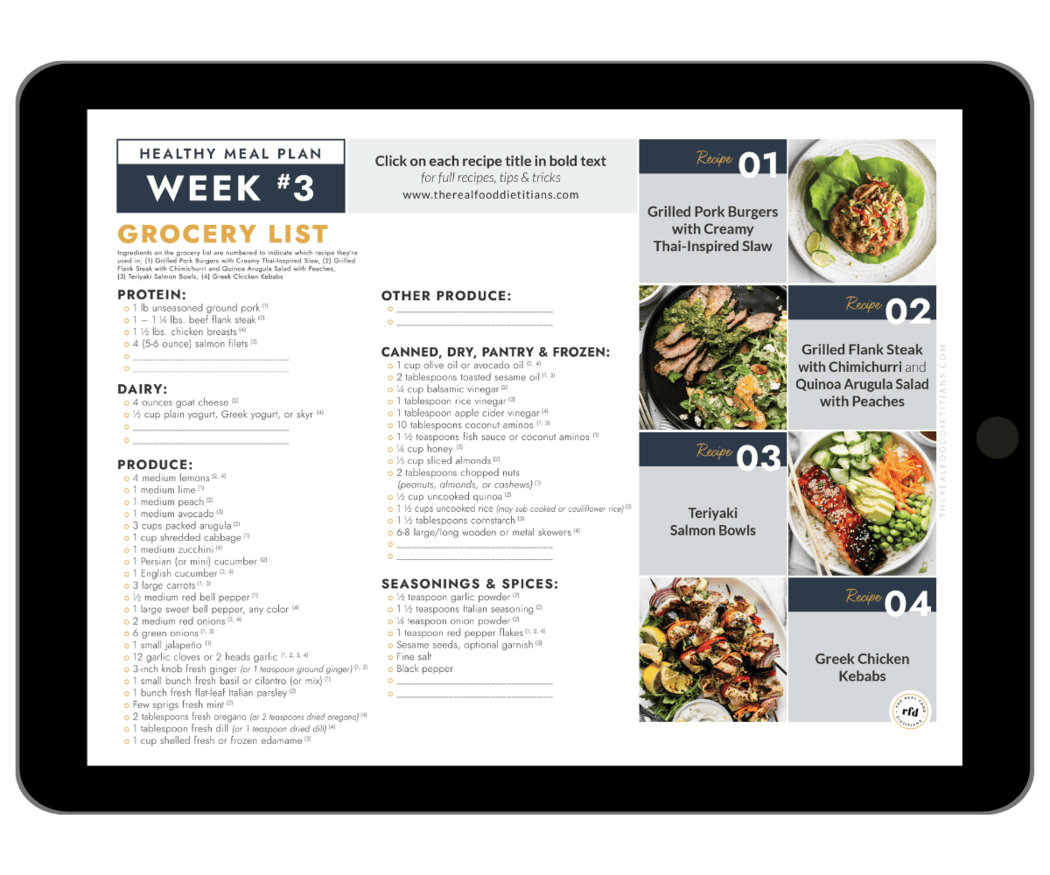 A grocery list for week 3 of a 4-week meal plan including recipe photos. 