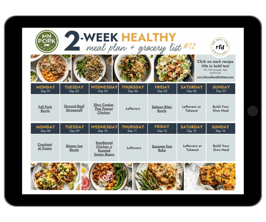 Calendar view of a 2 Week Healthy Meal Plan #12 With Grocery List surrounded by healthy plated recipe photos.