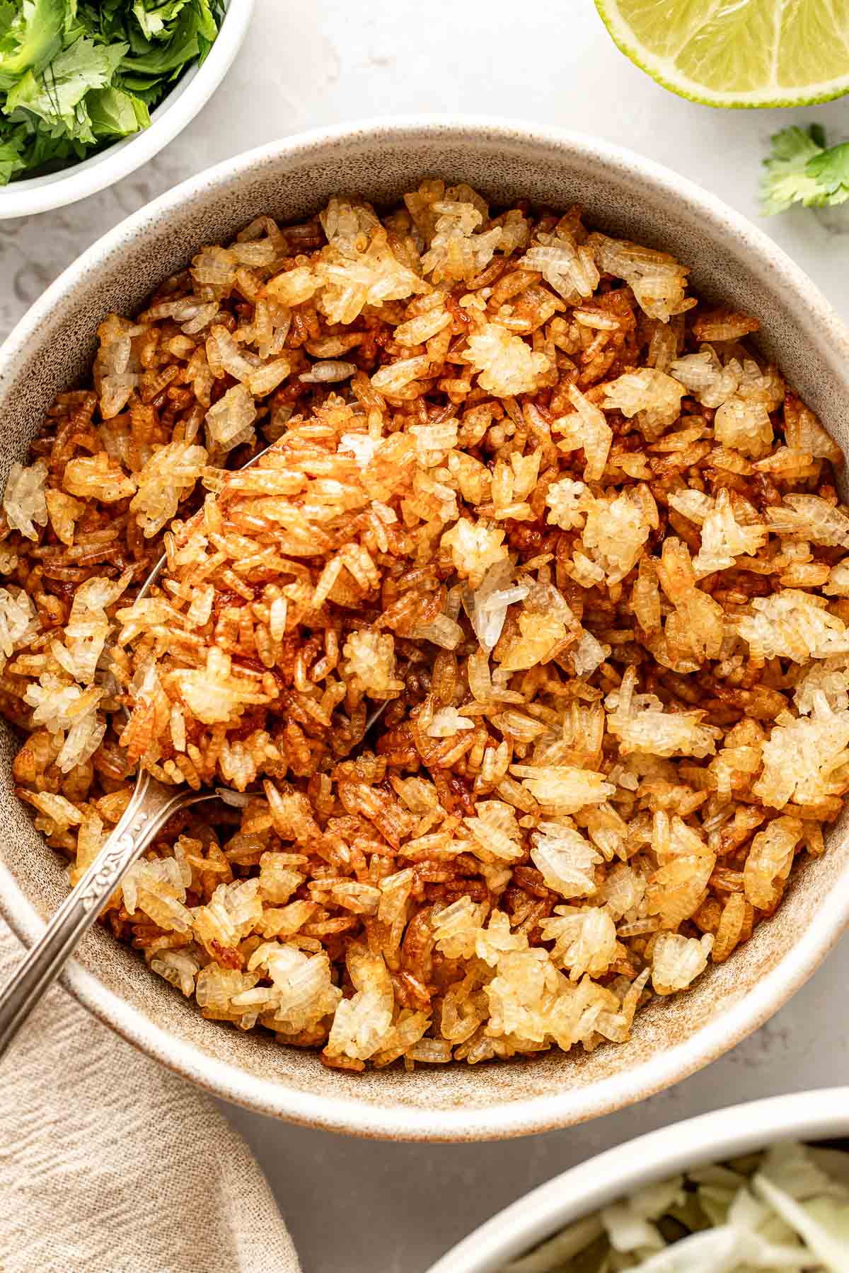 Close up view of a bowl of Crispy Rice showing the browned color and crisp texture of the rice. 
